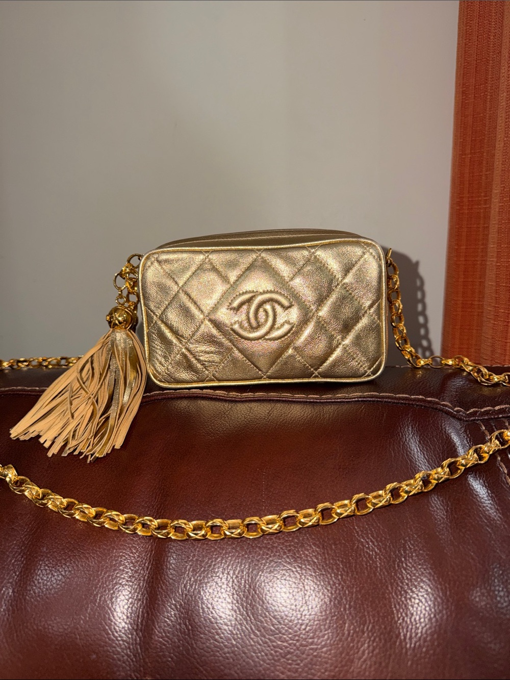 ‼️Authentic Vintage Chanel Gold Leather Mini Camera Crossbody Bag With Tassel